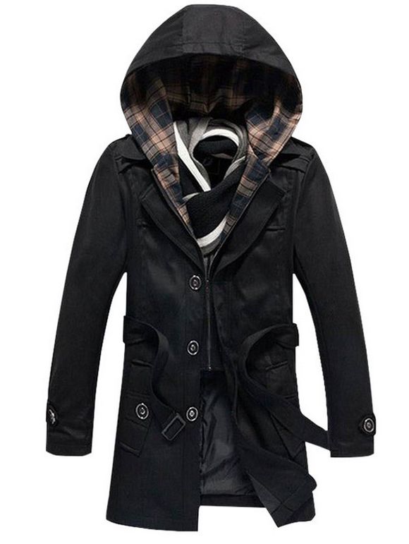 Manteau à Capuchon avec ceinture boutonnée et déttachable - Noir XL