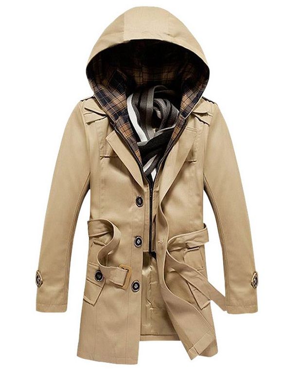 Manteau à Capuchon avec ceinture boutonnée et déttachable - Kaki M