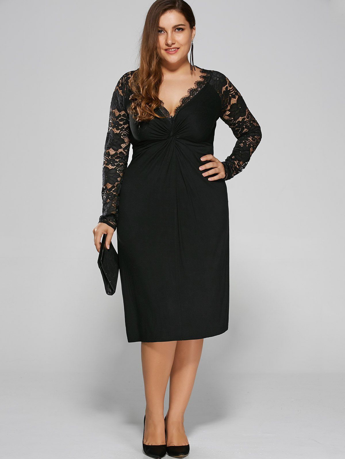 

Plus Size Twist Front Lace Insert Fitted Dress, Black