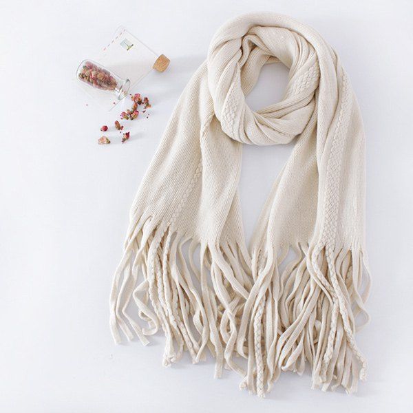 

Long Braided Knitted Fringe Scarf, Off-white