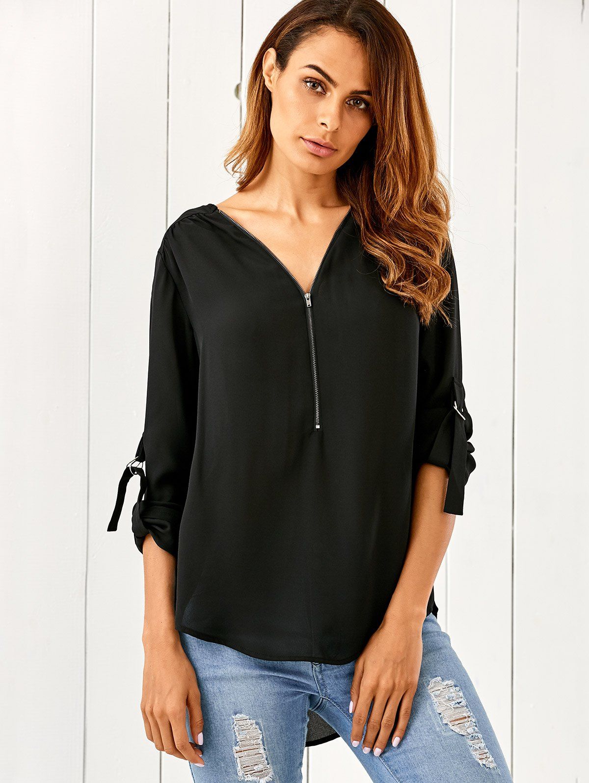 

Zipper Up High Low Hem Blouse, Black