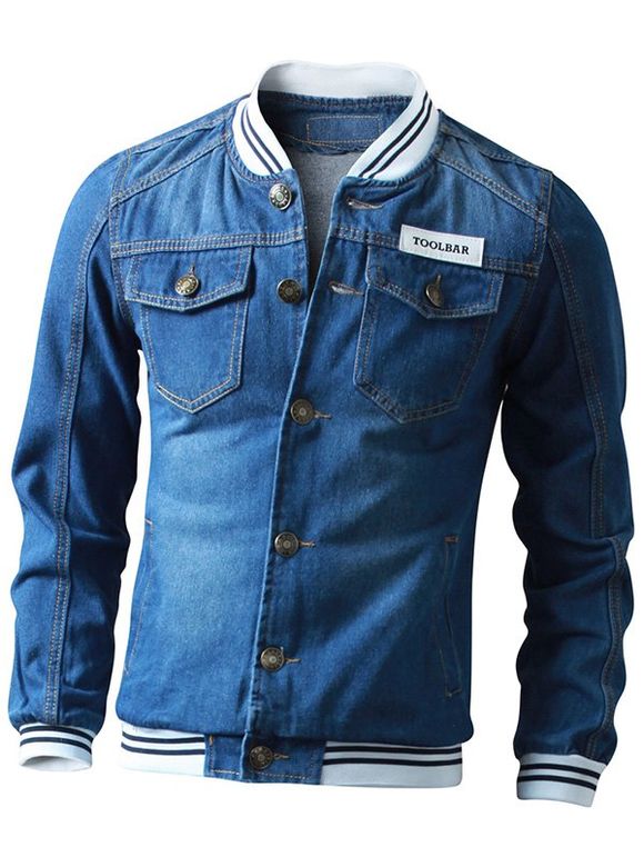 Button Up Striped Rib Insérer Denim Jacket - Bleu profond XL