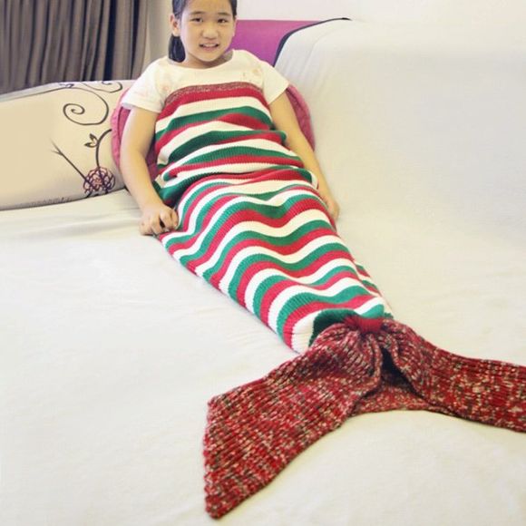 Chaud Color Block Stripe Crochet Knitting Mermaid Tail style Blanket - multicolore 