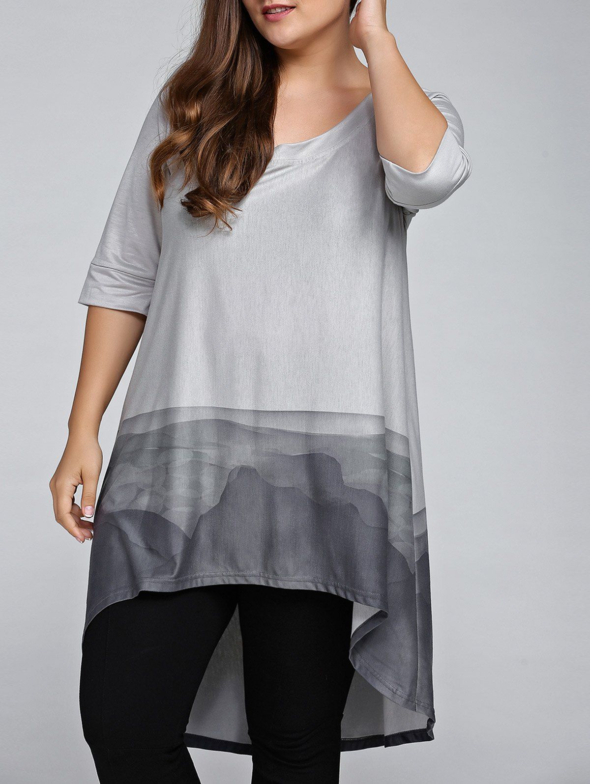 [17% OFF] 2021 Plus Size 3/4 Sleeve Printed High Low T-Shirt In GRAY ...
