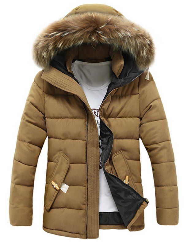 

Faux Fur Hooded Button Pocket Zip Up Quilted Coat, Khaki