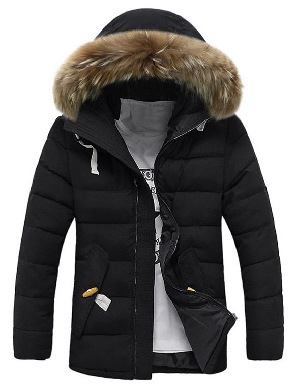 Manteau Matelassé Zippé à Capuche avec Fausse Fourrure - Noir XL