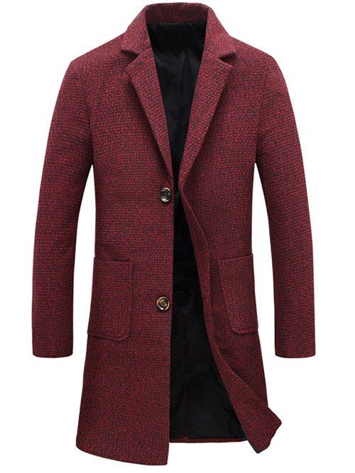 Manteau en Laine en Tweed Boutonné à Col Tailleur avec Poches - Rouge 2XL