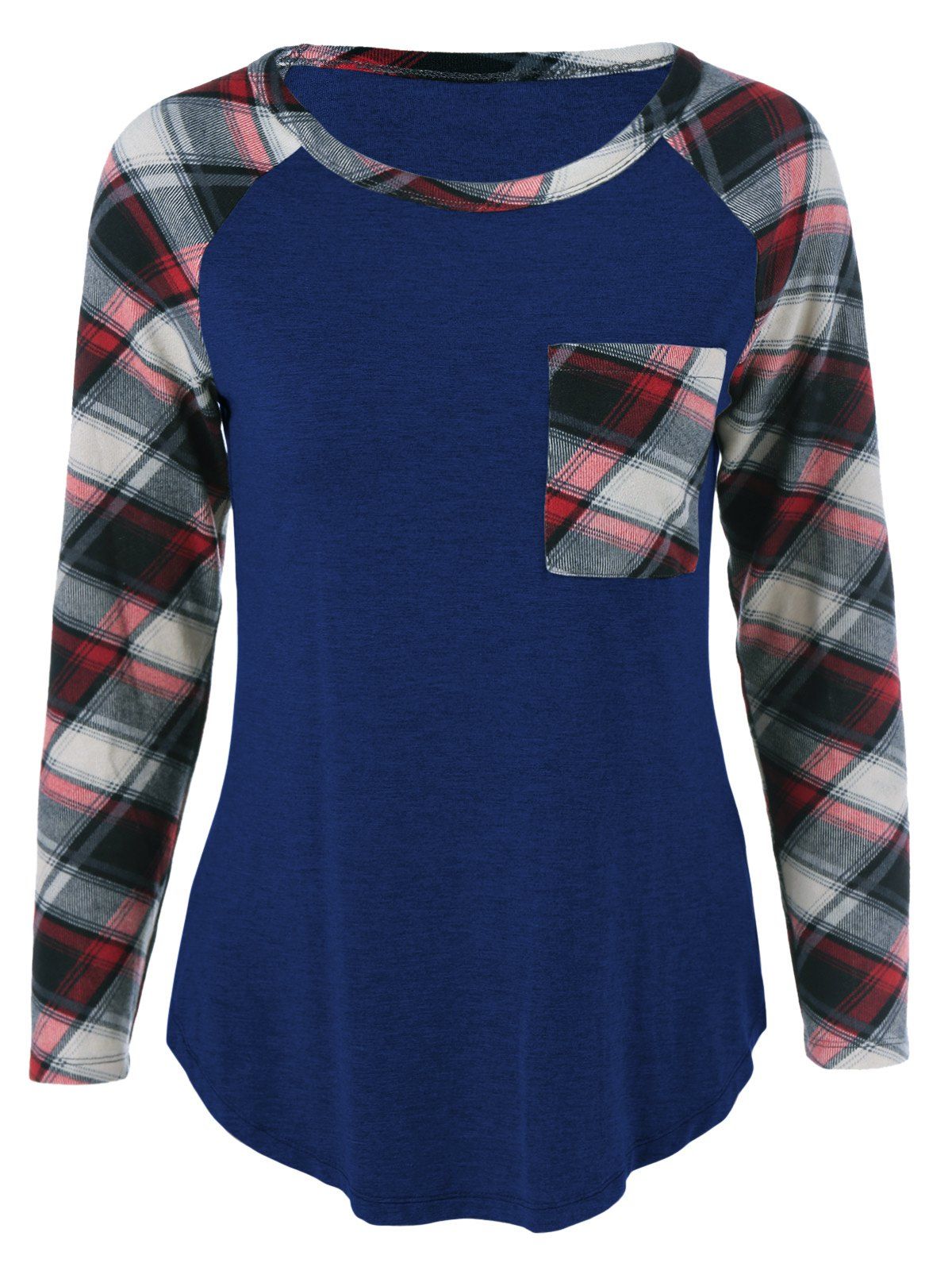 Plus Size One Pocket Plaid Long Sleeve T-Shirt - DEEP BLUE 2XL