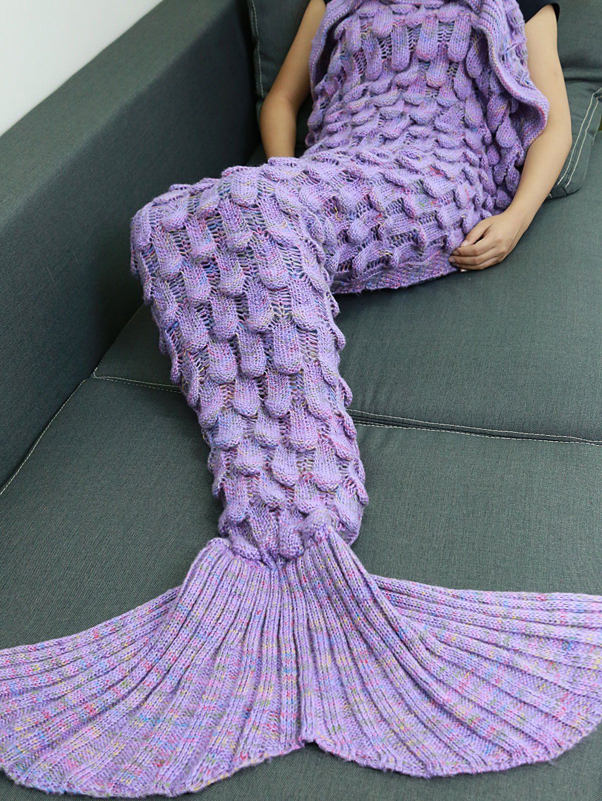 2018 Comfortable Hollow Out Design Knitted Mermaid Tail Blanket PURPLE