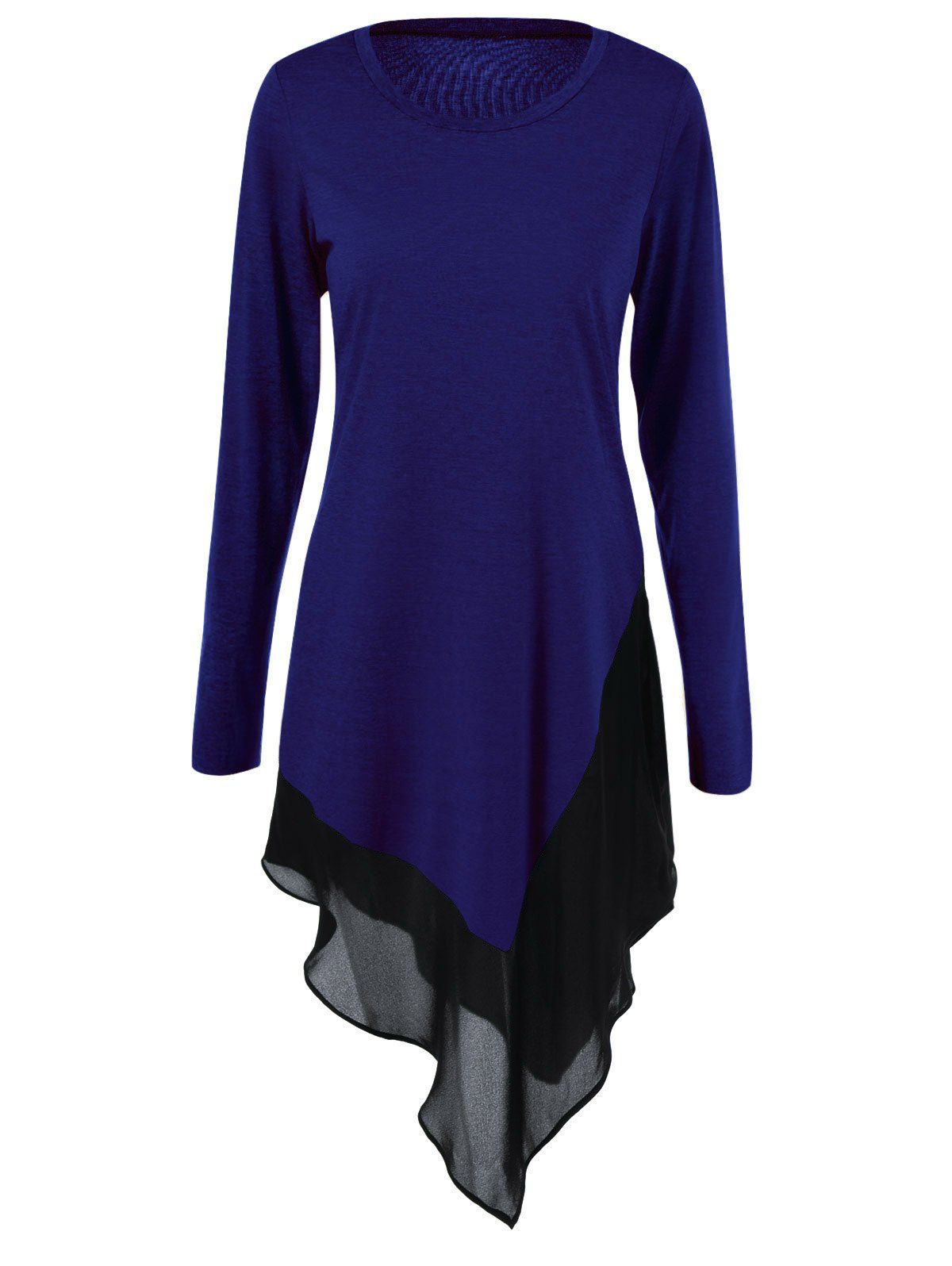

Chiffon Trim Asymmetrical Long Blouse, Blue