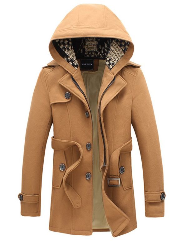 Manteau en laine à capuche amovible ,ceinturé - Kaki 3XL