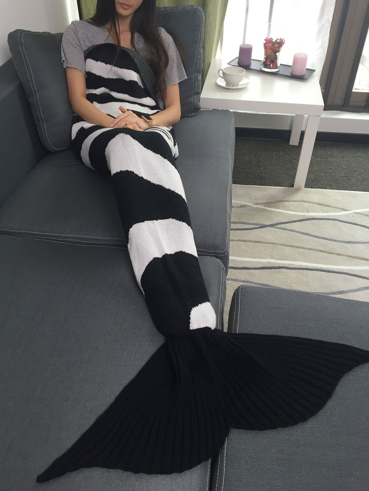 2018 super soft color block knitted mermaid tail blanket white black in