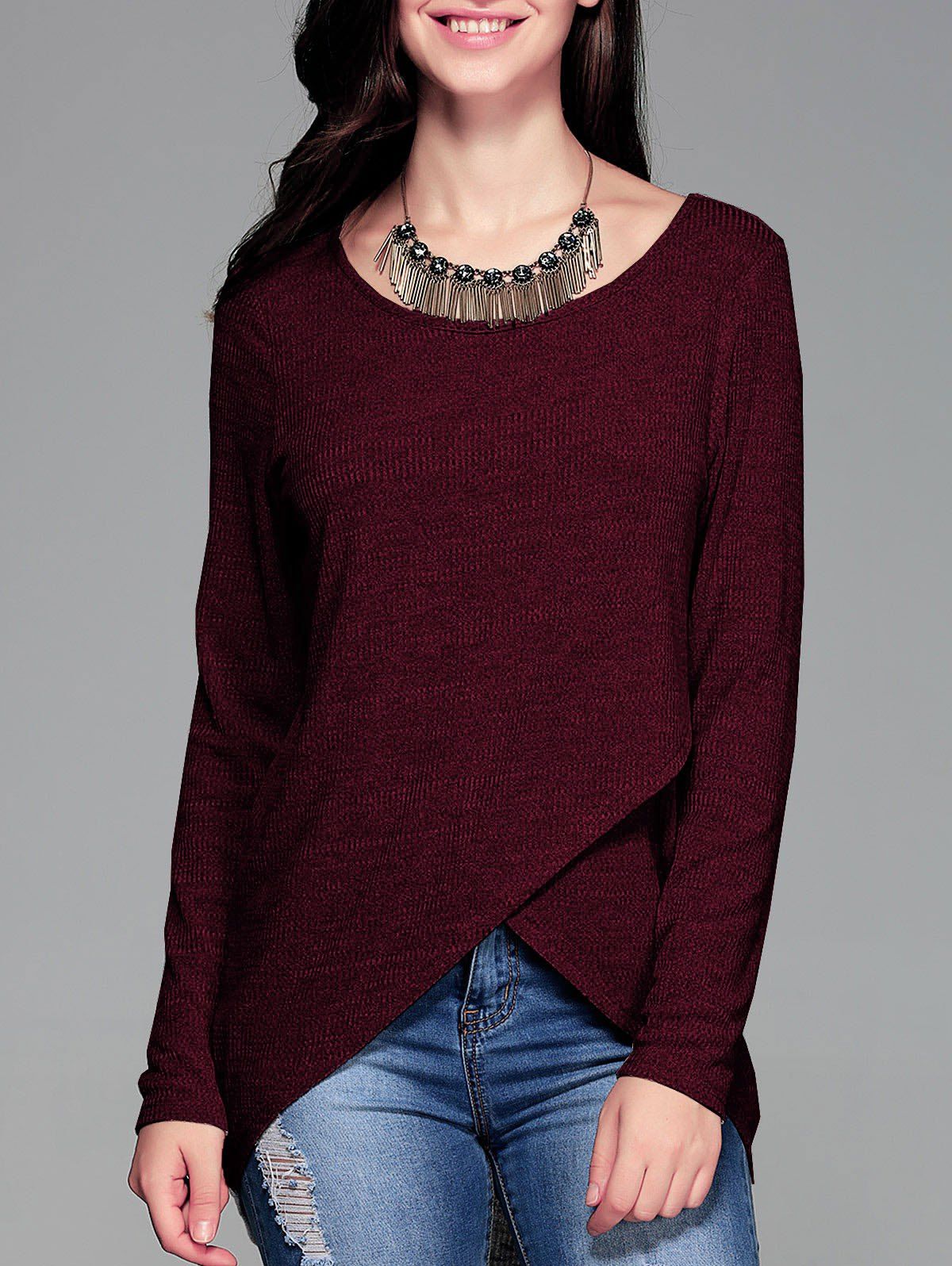 Front Slit Ribbed T-Shirt - WINE RED M