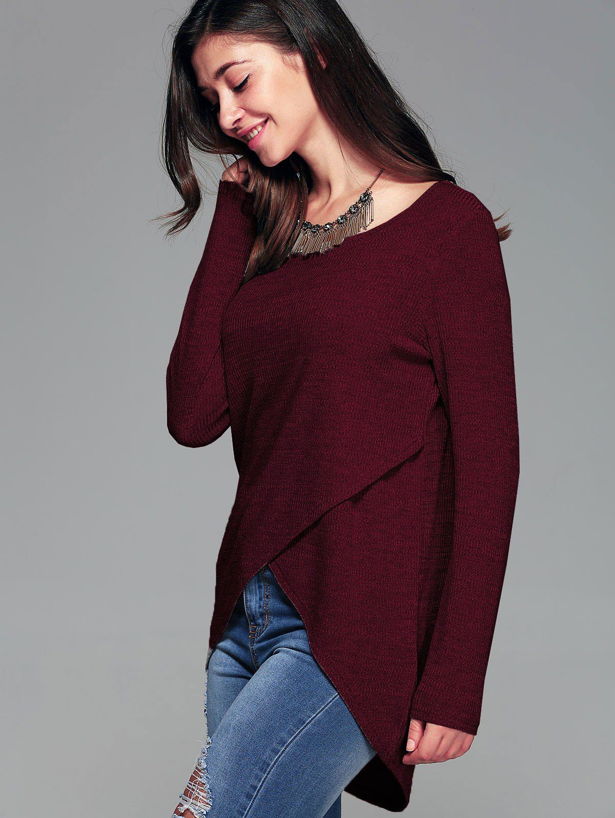 2018 Front Slit Ribbed T-Shirt WINE RED S In Long Sleeves Online Store ...