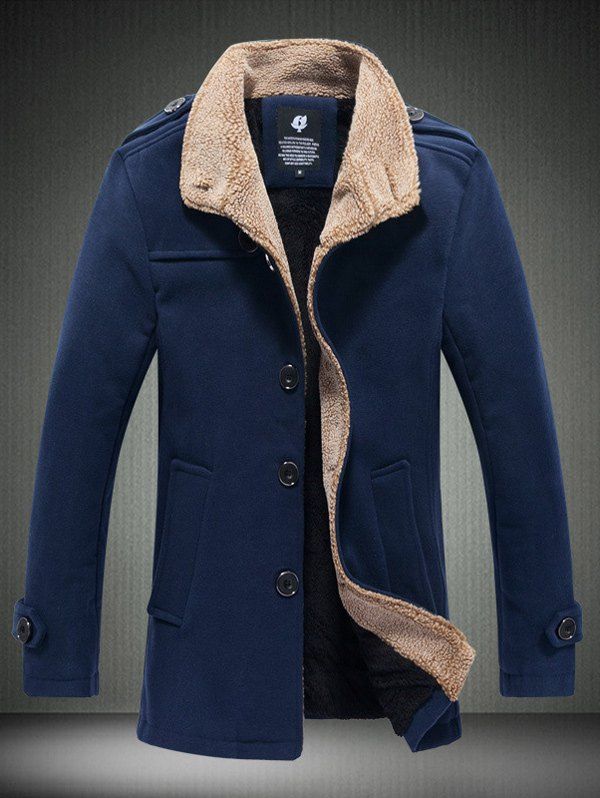 

Single Breasted Stand Collar Fleece Plush Lined Warm Coat, Cadetblue