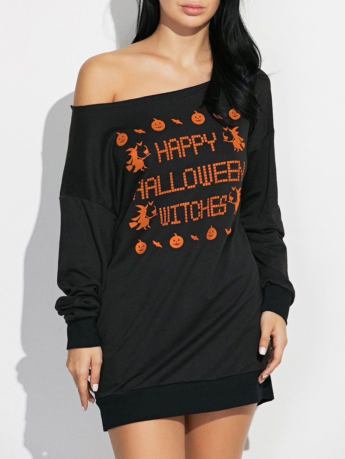 

Skew Neck Pumpkin Letter Print Hallowmas Mini Dress, Black