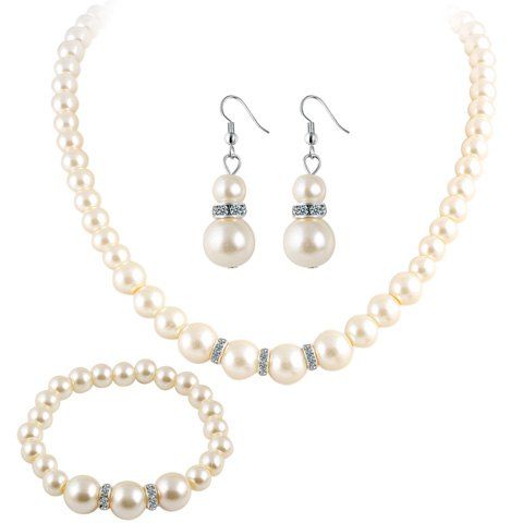 Collier Boucles d'Oreilles et Bracelet Motif Perles Fantaisies - Blanc 