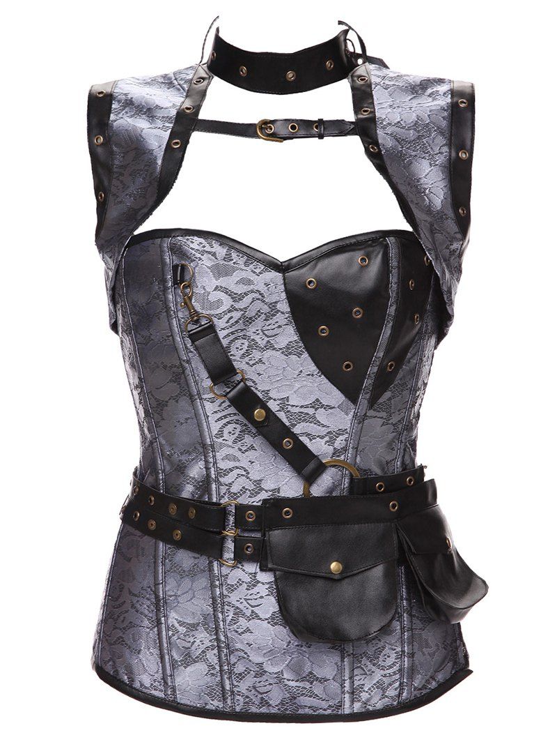 

Gothic Faux Leather Belted Corset, Gray