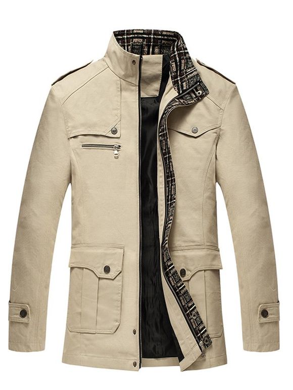 Epaulet Agrémentée Multi Poches Stand Collar Jacket - Kaki XL