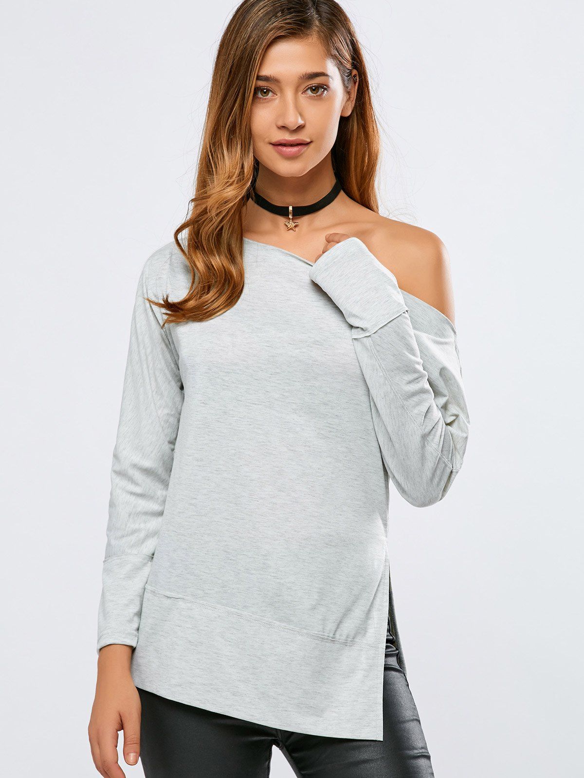 

Skew Neck Side Slit T-Shirt, Light gray