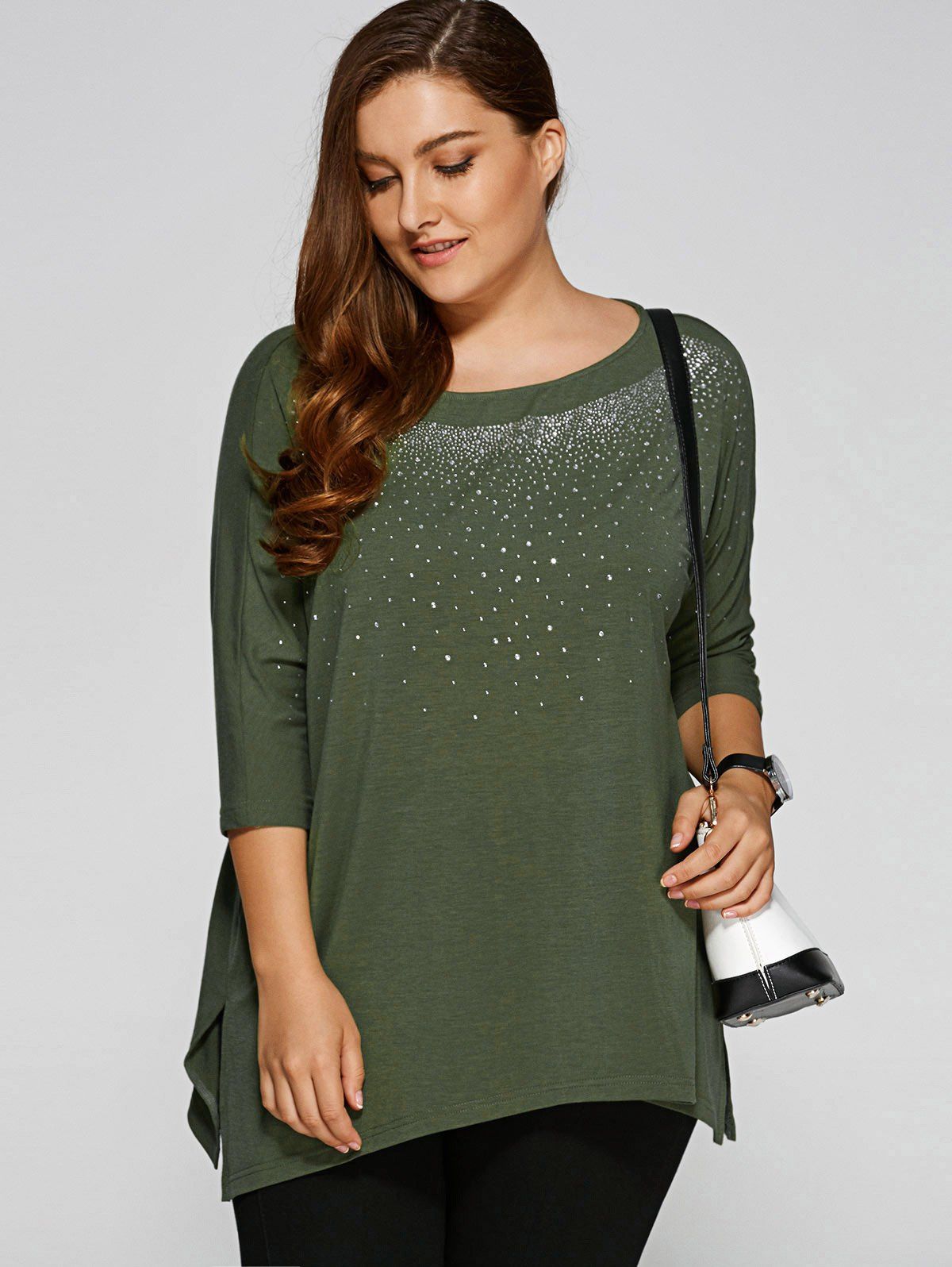 

Plus Size Rhinestoned Embellished Smock T-Shirt, Army green