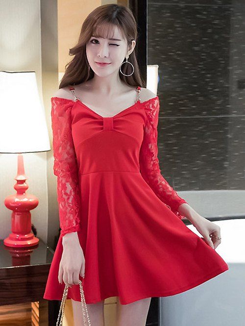 

Cold Shoulder Lace Splicing Swing Dress, Red
