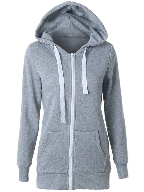 

Casual Drawstring Long Sleeve Zipper Up Hoodie, Gray