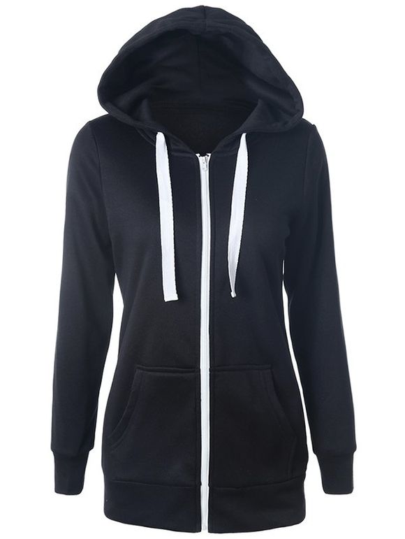 Casual Drawstring manches longues Zipper Up Hoodie - Noir S