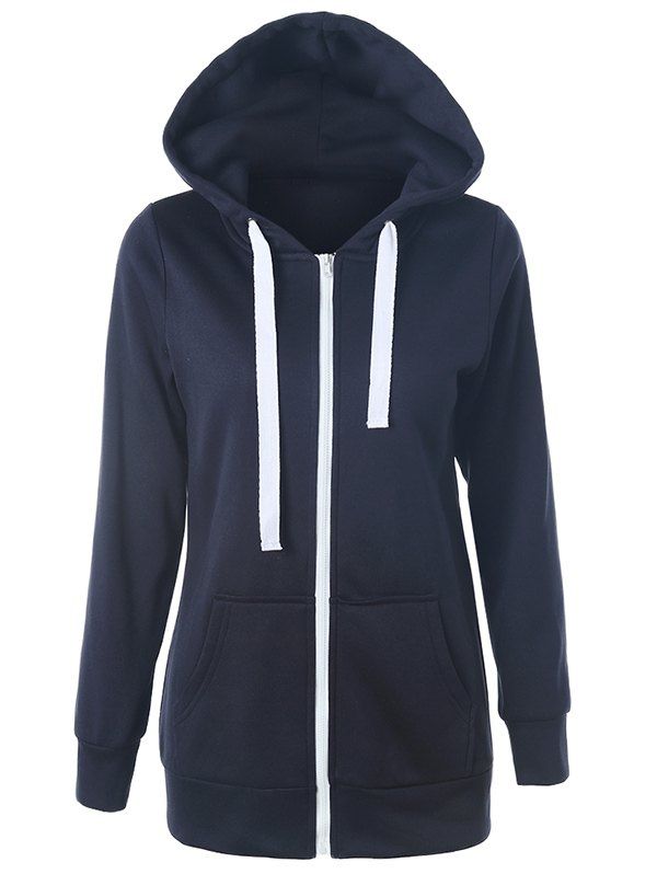 

Casual Drawstring Long Sleeve Zipper Up Hoodie, Purplish blue