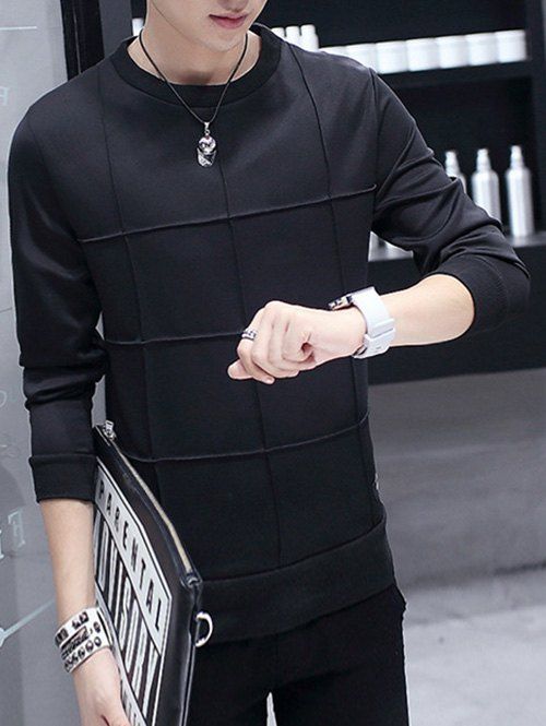 

Textured Crew Neck Grid Pattern Sweatshirt, Black