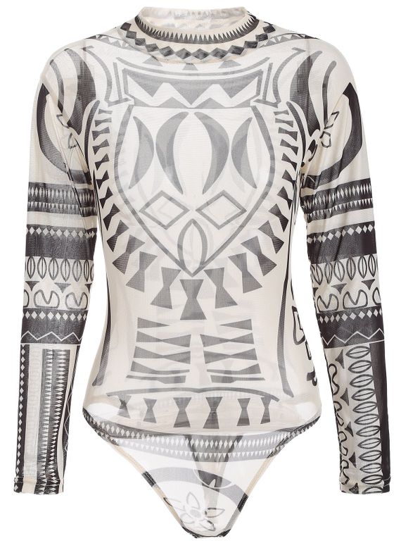 See-Through Imprimer Mesh Bodysuit - Blanc Cassé XL