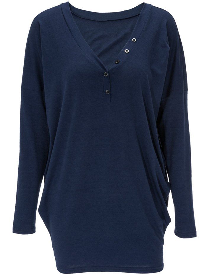 

V Neck Front Button Long Sweatshirt, Deep blue