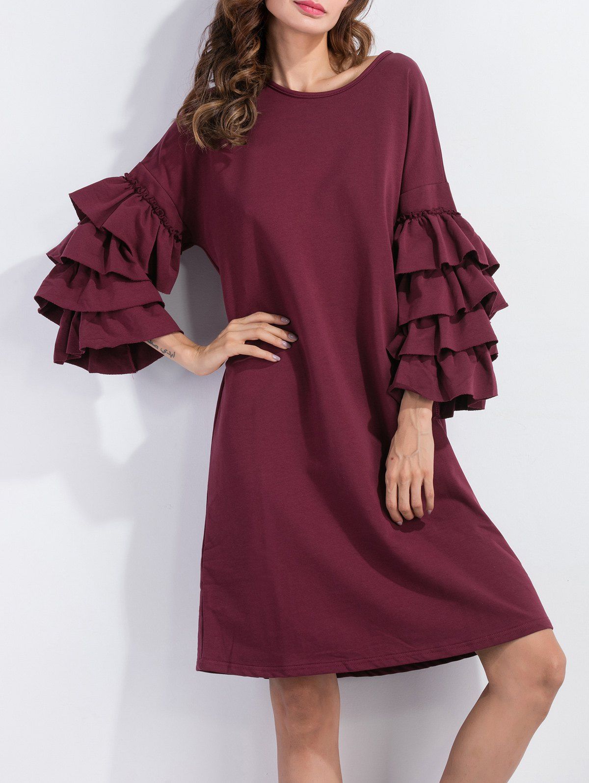 

Layered Sleeve Loose Dress, Wine red