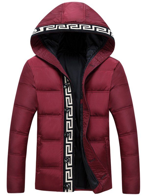 

Hooded Knit Trim Button Up Padded Jacket, Red