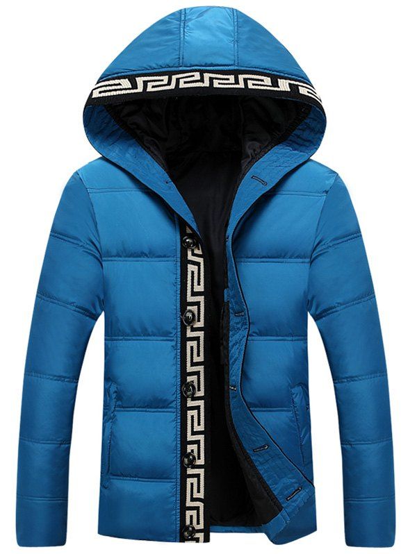 

Hooded Knit Trim Button Up Padded Jacket, Light blue