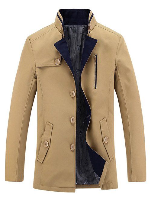 

Stand Collar Button Up Zip Embellished Coat, Khaki