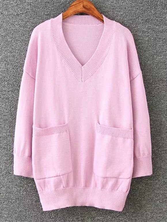 Sweater Pull Long Grande Taille à Col En V Avec Poches - Rose XL