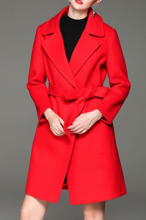 Manteau en laine avec ceinture - Rouge S