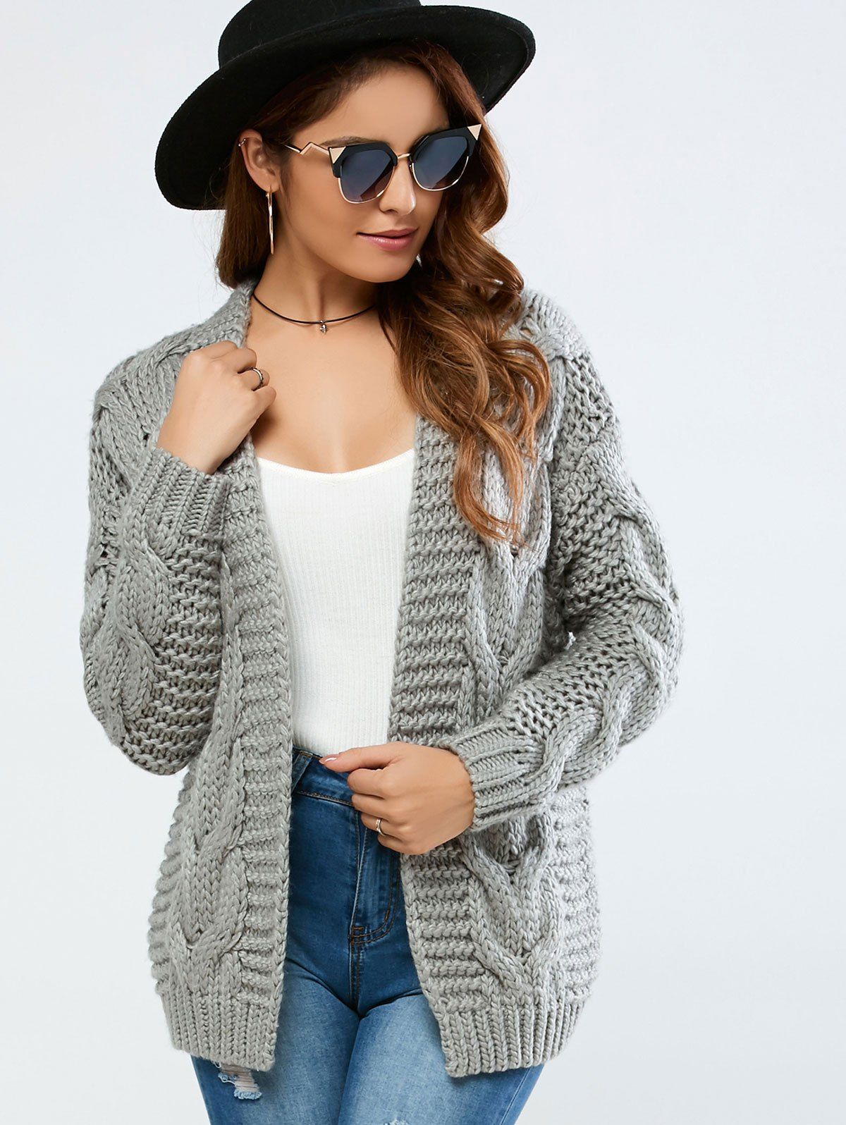 Cable Collarless Cardigan - GRAY ONE SIZE