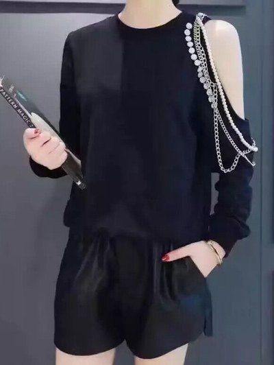 

Chains Embellished Cold Shoulder Sweatshirt, Black
