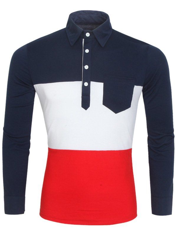 

Turn-Down Neck Color Block Long Sleeve T-Shirt, Cadetblue