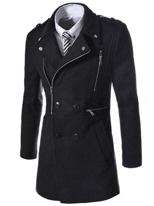 Manteau en laine mixé zippé et boutonné - Noir M