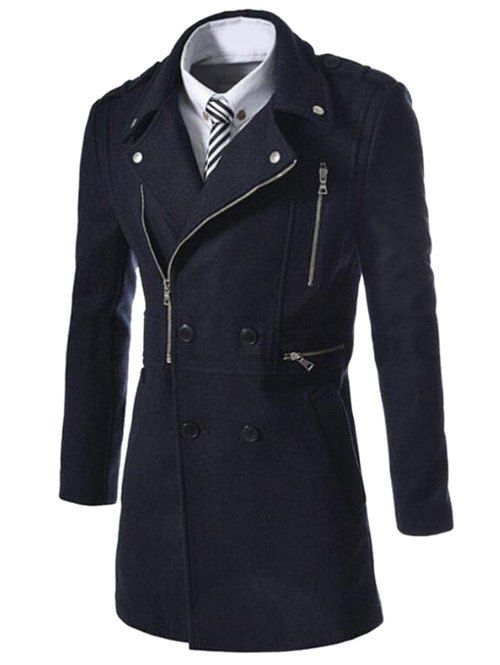 

Asymetrical Zip Up Wool Blend Coat, Cadetblue