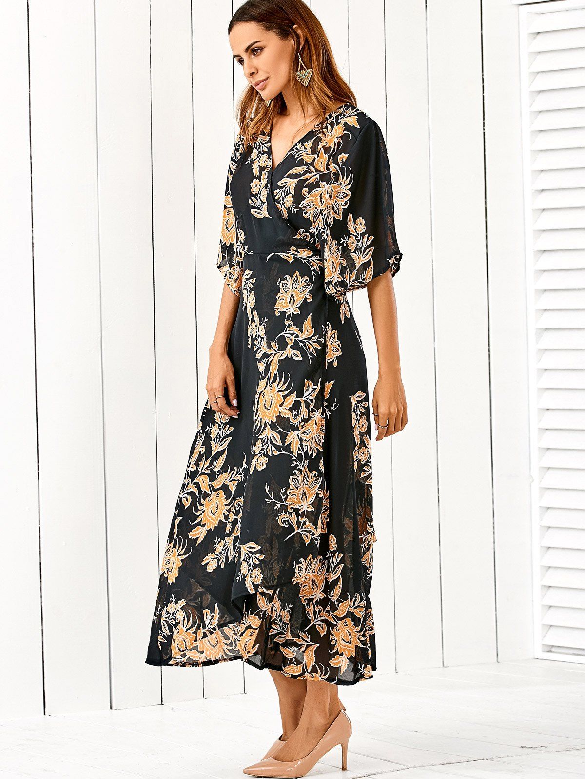 [41% OFF] 2021 V Neck Flower Print Kimono Maxi Wrap Dress In FLORAL ...