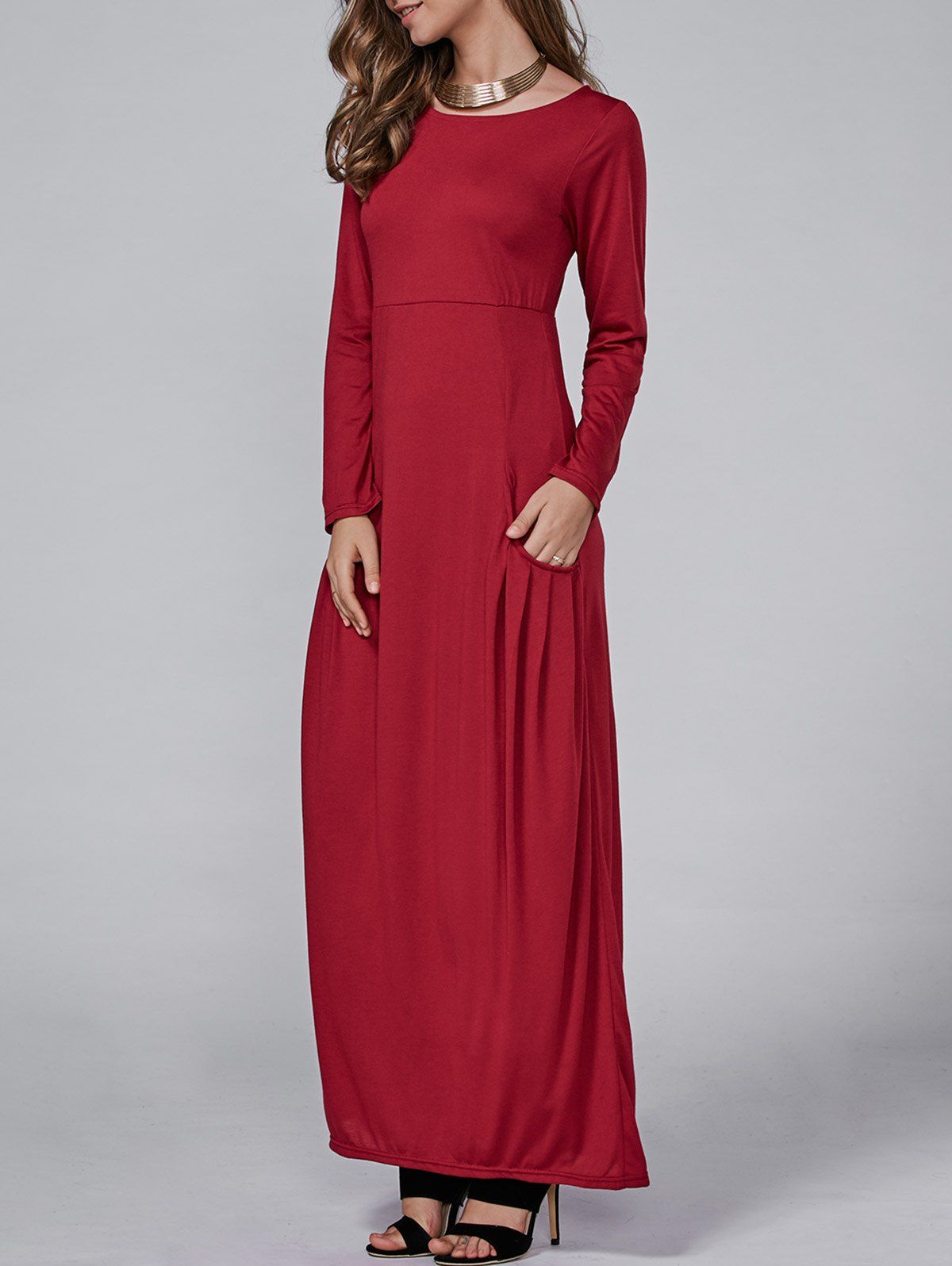 

High Waist Maxi Dress with Pockets, Red