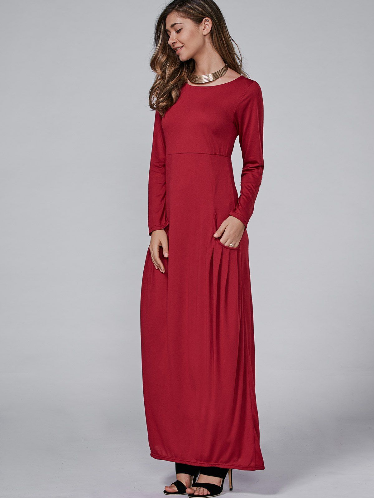 2018 High Waist Maxi Dress with Pockets RED M In Maxi Dresses Online ...