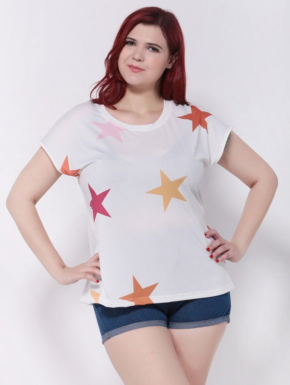 T-Shirt Imprimé Étoile à Manches Courtes - Blanc 2XL