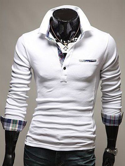 T-shirt Polo avec Joint à Carreaux à Manches Longues - Blanc 2XL