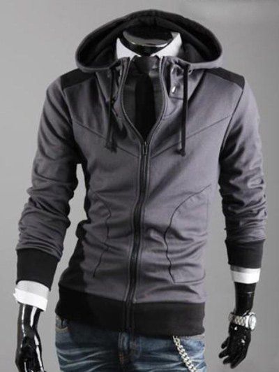 

Drawstring Hooded Color Block Zipper Hoodie, Deep gray