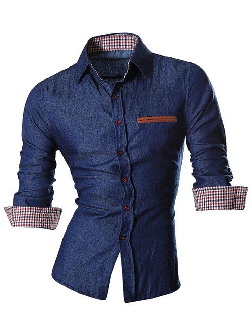 

Long Sleeve Faux Pocket Design Chambray Shirt, Deep blue